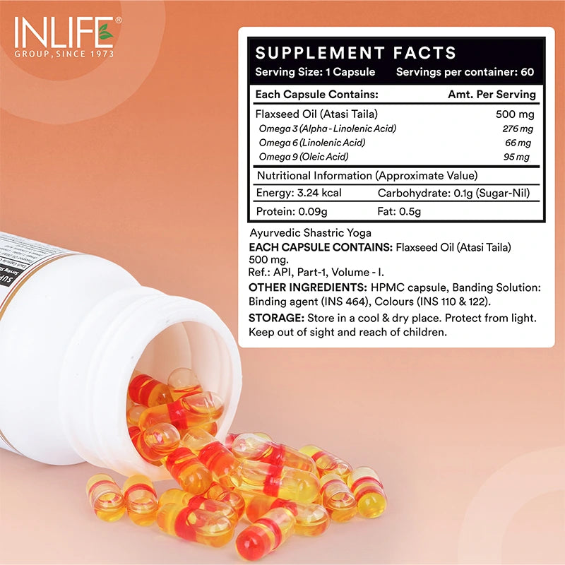 Inlife Flaxseed Oil Omega 3, 6, 9 Fatty Acids Supplement | 500mg | Veg. Capsules - 3