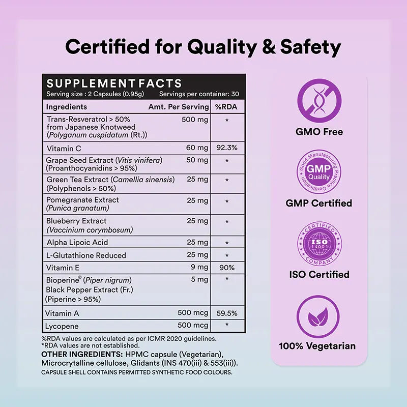 Inlife Natural Resveratrol Japanese Knotweed 750 mg | Antioxidant-Rich Supplement with Grape Seed, Green Tea, Vitamin C, L-Glutathione & Bioperine | Veg Capsules - 3