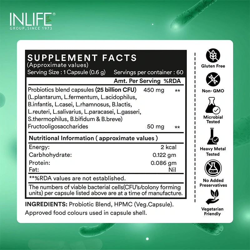 Inlife Prebiotic & Probiotics Forte | 25 Billion, 14 Probiotic Strains | 60 Veg. Capsules