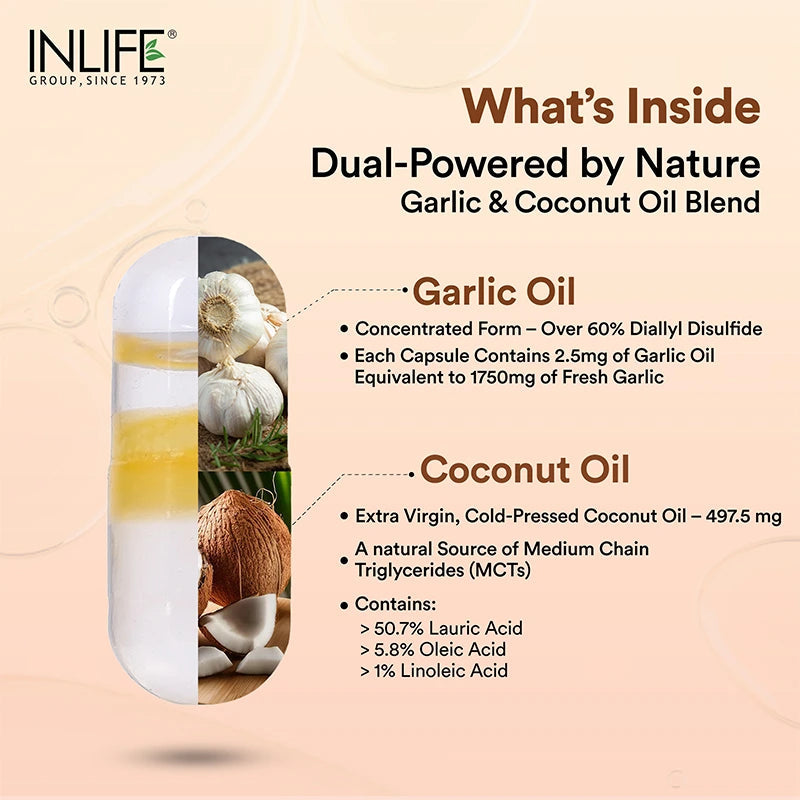 Inlife Garlic Oil with Cold Pressed Coconut Oil Capsules - Dual Action Formula | High Potency Diallyl Disulfide & MCTs | 60 Vegetarian Capsules