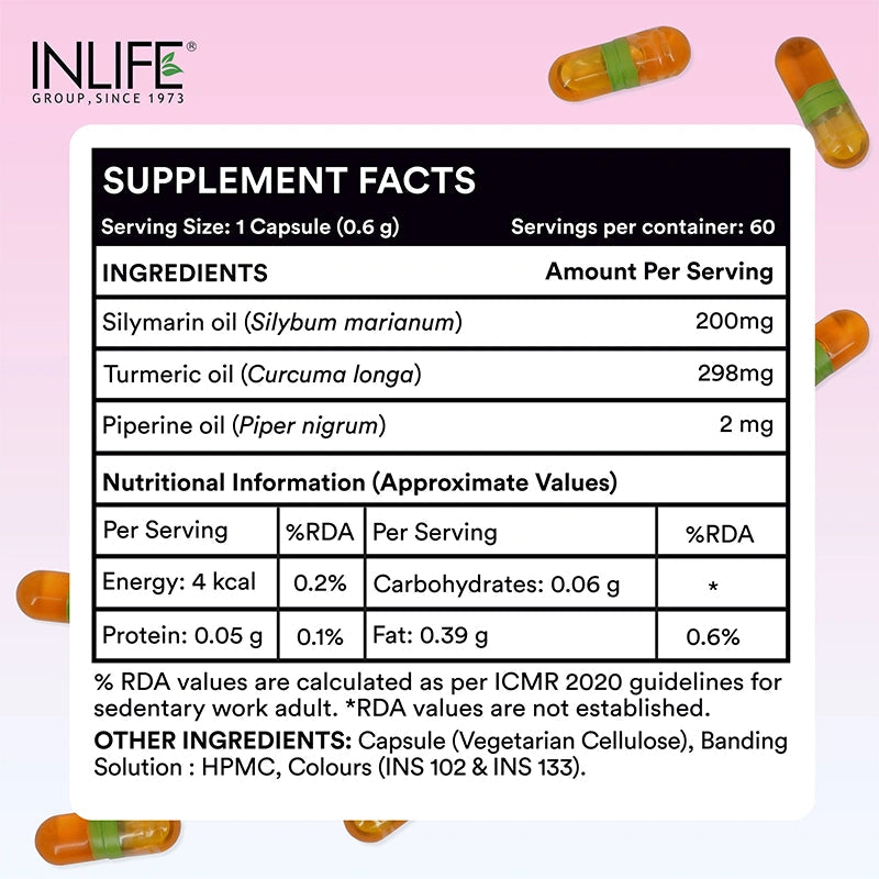 Inlife Silymarin Oil Capsules 200 mg with Turmeric & Piperine | Milk Thistle Extract Capsules for Liver Support & Antioxidant Formula | Veg. Capsules - 3