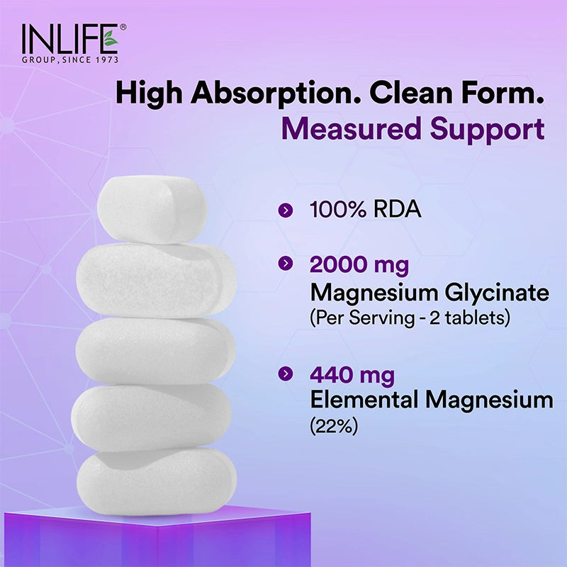 Inlife Chelated Magnesium Glycinate Forte Supplement 2000mg 60 Tablets
