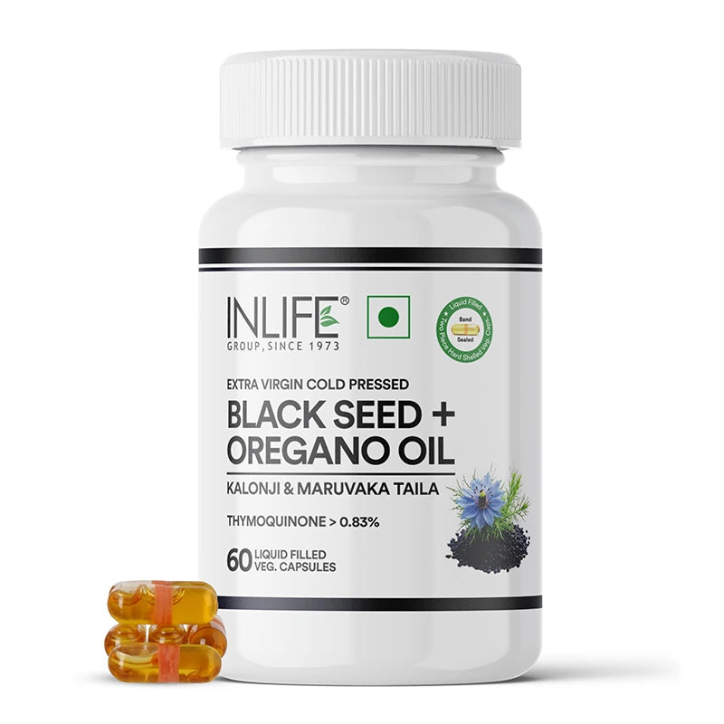 Inlife Black Seed Oil (480 mg) & Oregano Oil (20 mg, 50:1) Capsules, Extra Virgin Cold-Pressed | Thymoquinone > 0.83% | Carvacrol > 80% | Liquid-Filled Veg Capsules