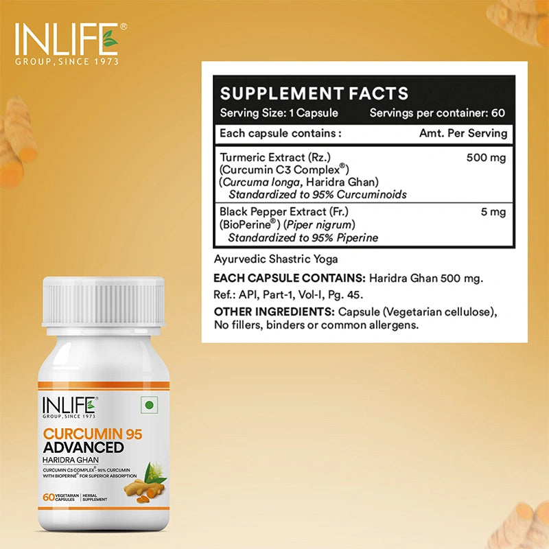 Inlife Curcumin (95% Curcuminoids) with Piperine (Bioperine), 500 mg | 60 Veg. Capsules