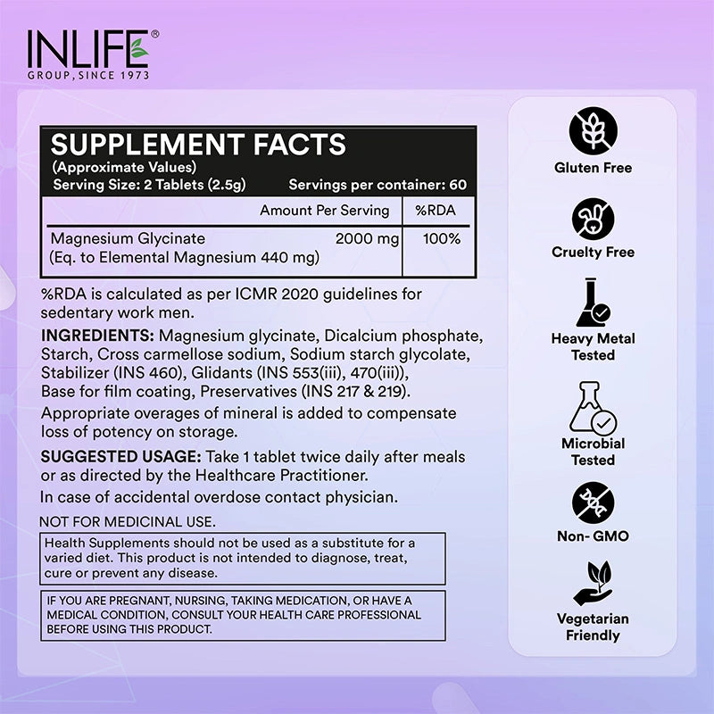 Inlife Chelated Magnesium Glycinate Forte Supplement 2000mg 60 Tablets