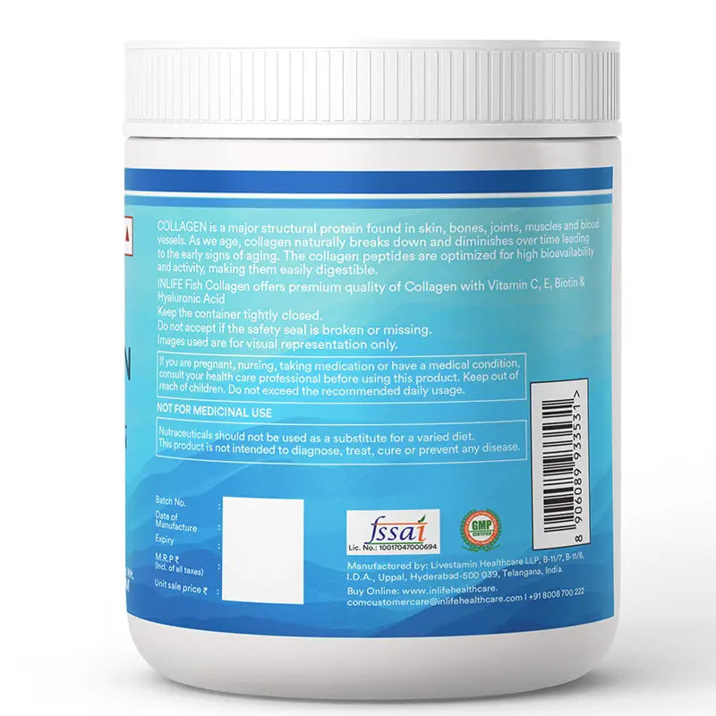 Inlife Hydrolyzed Marine Fish Collagen Peptides Supplement | Enhanced with Vitamin E, Vitamin C, Biotin, Hyaluronic Acid 200g