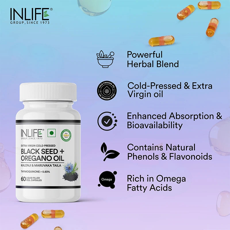 Inlife Black Seed Oil (480 mg) & Oregano Oil (20 mg, 50:1) Capsules, Extra Virgin Cold-Pressed | Thymoquinone > 0.83% | Carvacrol > 80% | Liquid-Filled 60 Veg Capsules