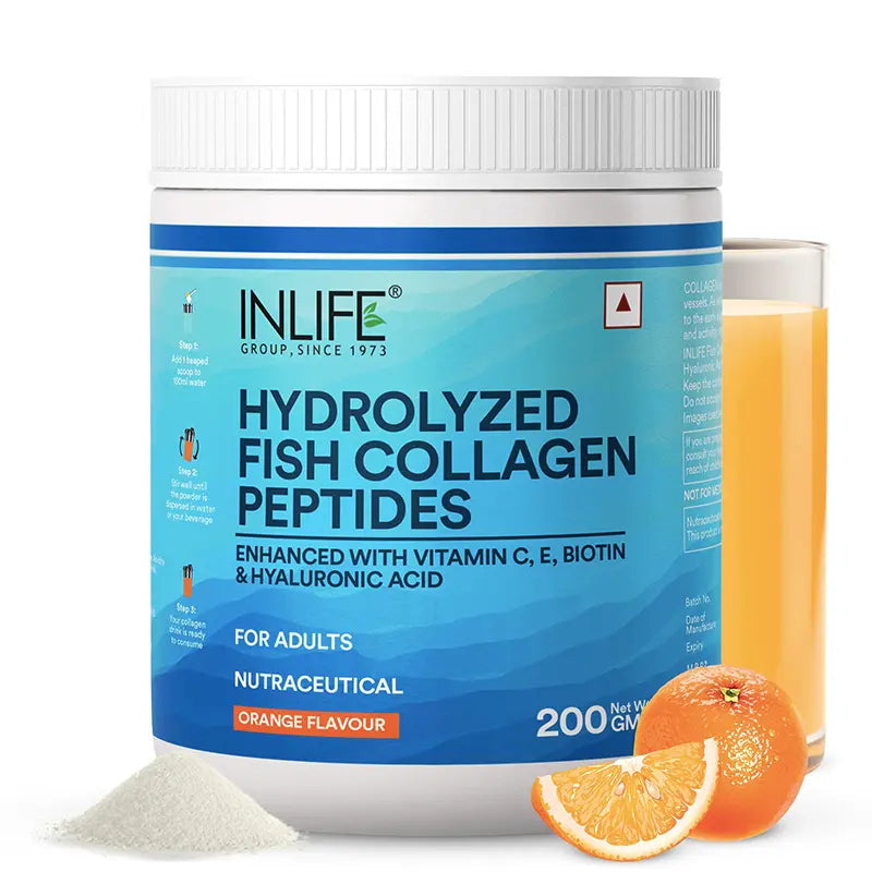 Inlife Hydrolyzed Marine Fish Collagen Peptides Supplement | Enhanced with Vitamin E, Vitamin C, Biotin, Hyaluronic Acid 200g