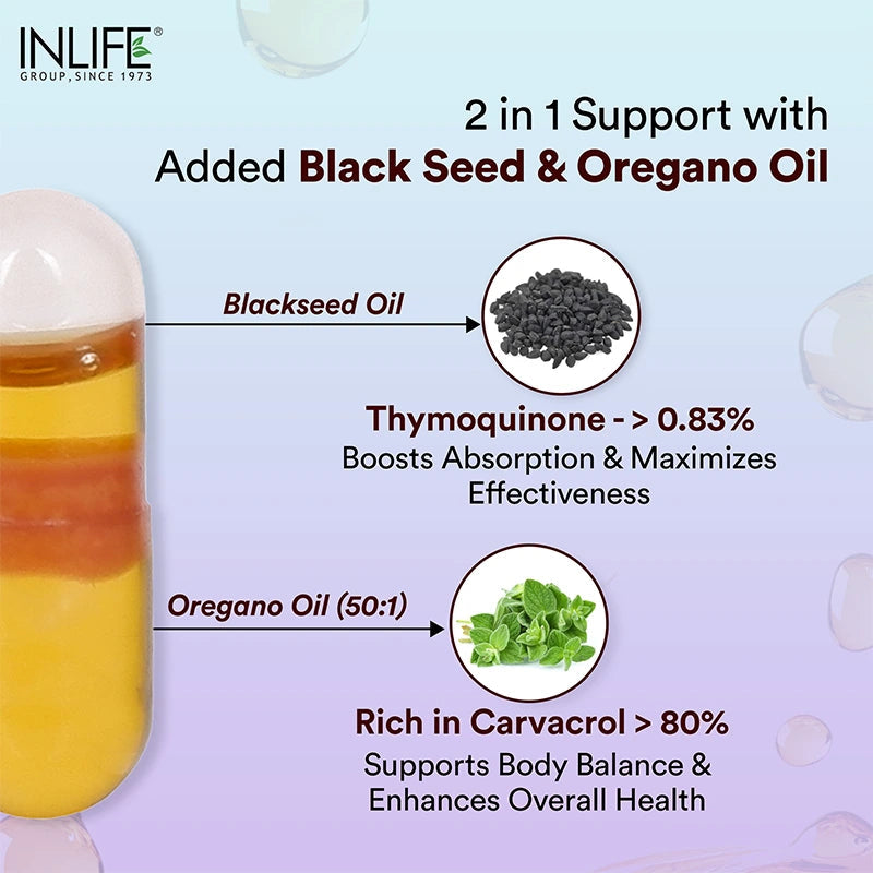 Inlife Black Seed Oil (480 mg) & Oregano Oil (20 mg, 50:1) Capsules, Extra Virgin Cold-Pressed | Thymoquinone > 0.83% | Carvacrol > 80% | Liquid-Filled 60 Veg Capsules