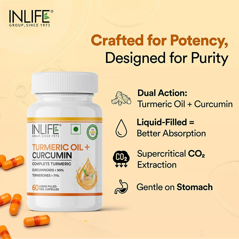 Inlife Turmeric Oil + Curcumin | Liquid Filled HPMC Capsules | 60 Veg. Capsules