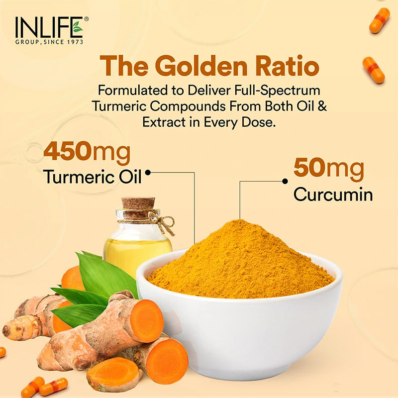 Inlife Turmeric Oil + Curcumin | Liquid Filled HPMC Capsules | 60 Veg. Capsules