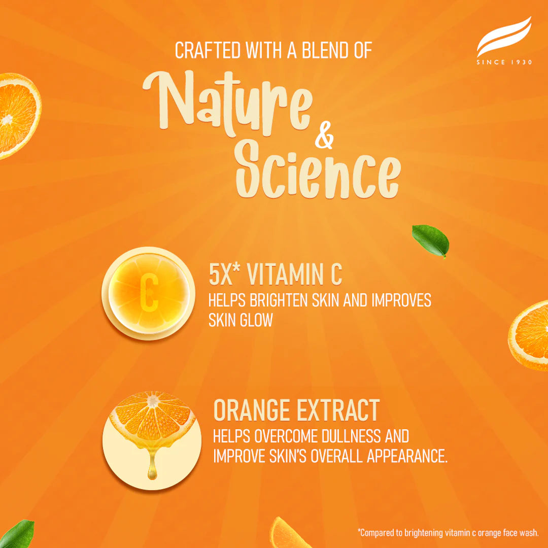 Product advertisement with vitamin C and orange extract on an orange background