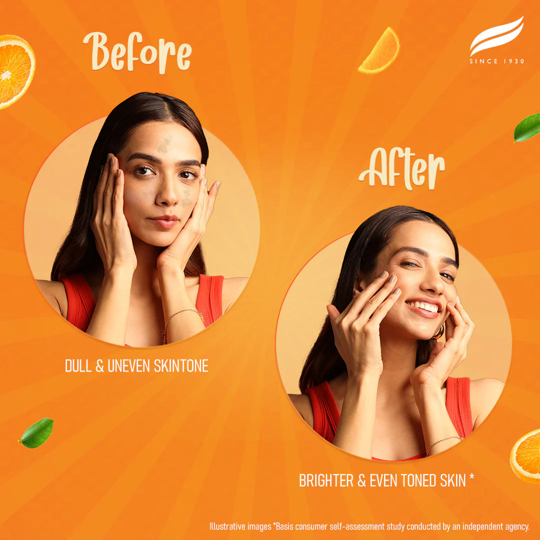 Before and after comparison of a woman's skin on an orange background with product branding.