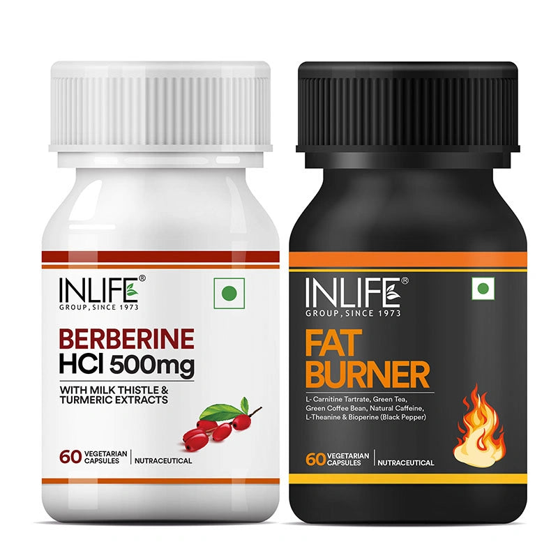 Inlife Berberine with Milk Thistle & Turmeric + Fat Burner with L-Carnitine & Green Coffee | Vegetarian Combo Pack