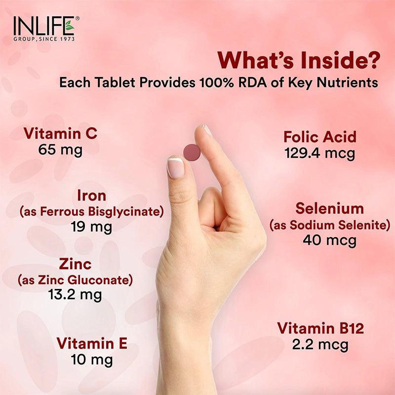 Inlife Chelated Iron Folic Acid Supplement with Vitamin C, E, B12, Zinc & Selenium 60 Tablets