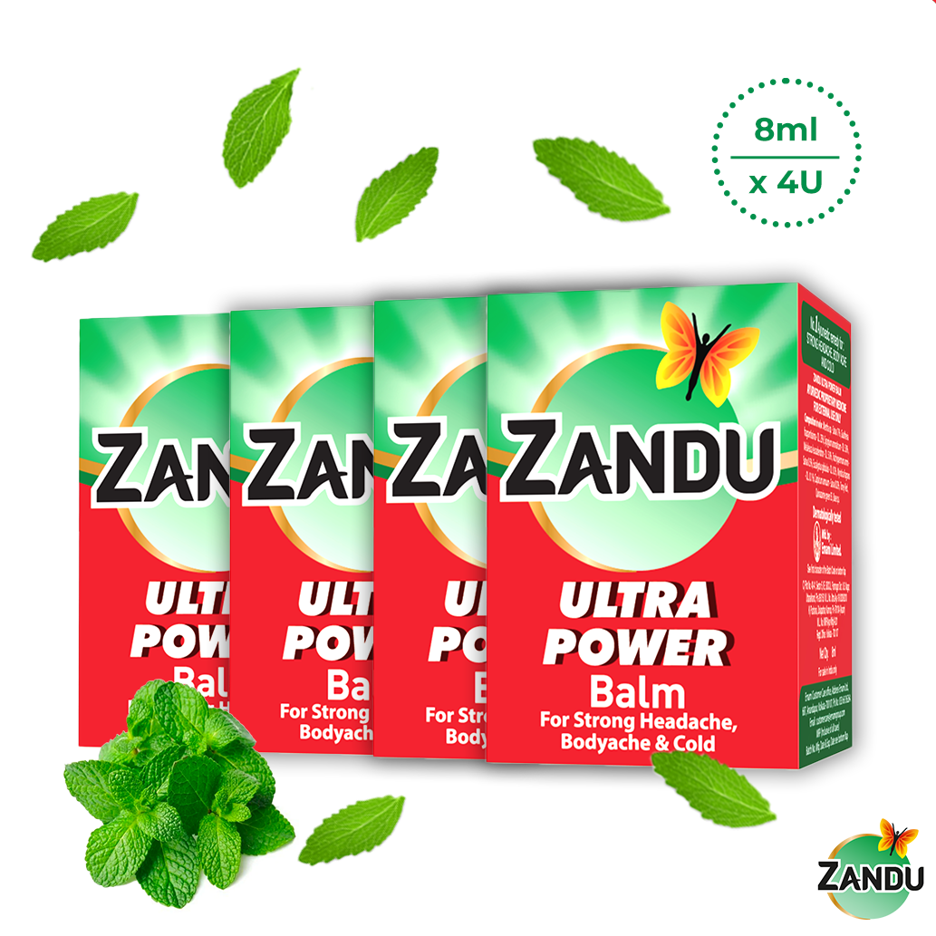 Zandu Ultra Power Red Balm | Ayurvedic Pain Relief Balm for Headache, Cold & Back Pain 8ml (Pack of 4)