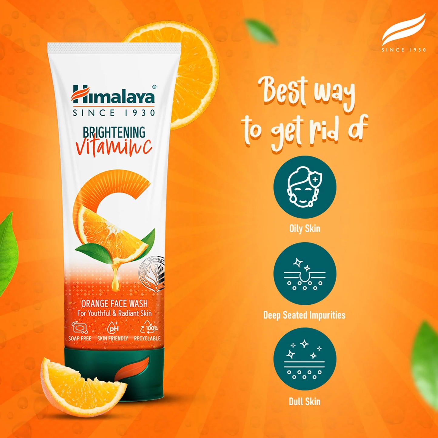 Himalaya Brightening Vitamin C Orange Face Wash on an orange background with text and icons.