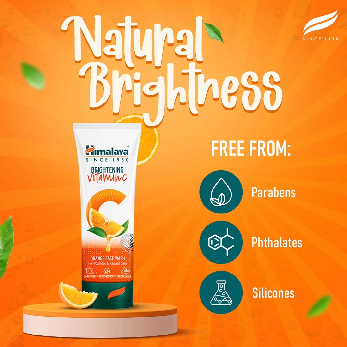 Himalaya Brightening Vitamin C Face Wash on an orange background with product features highlighted.