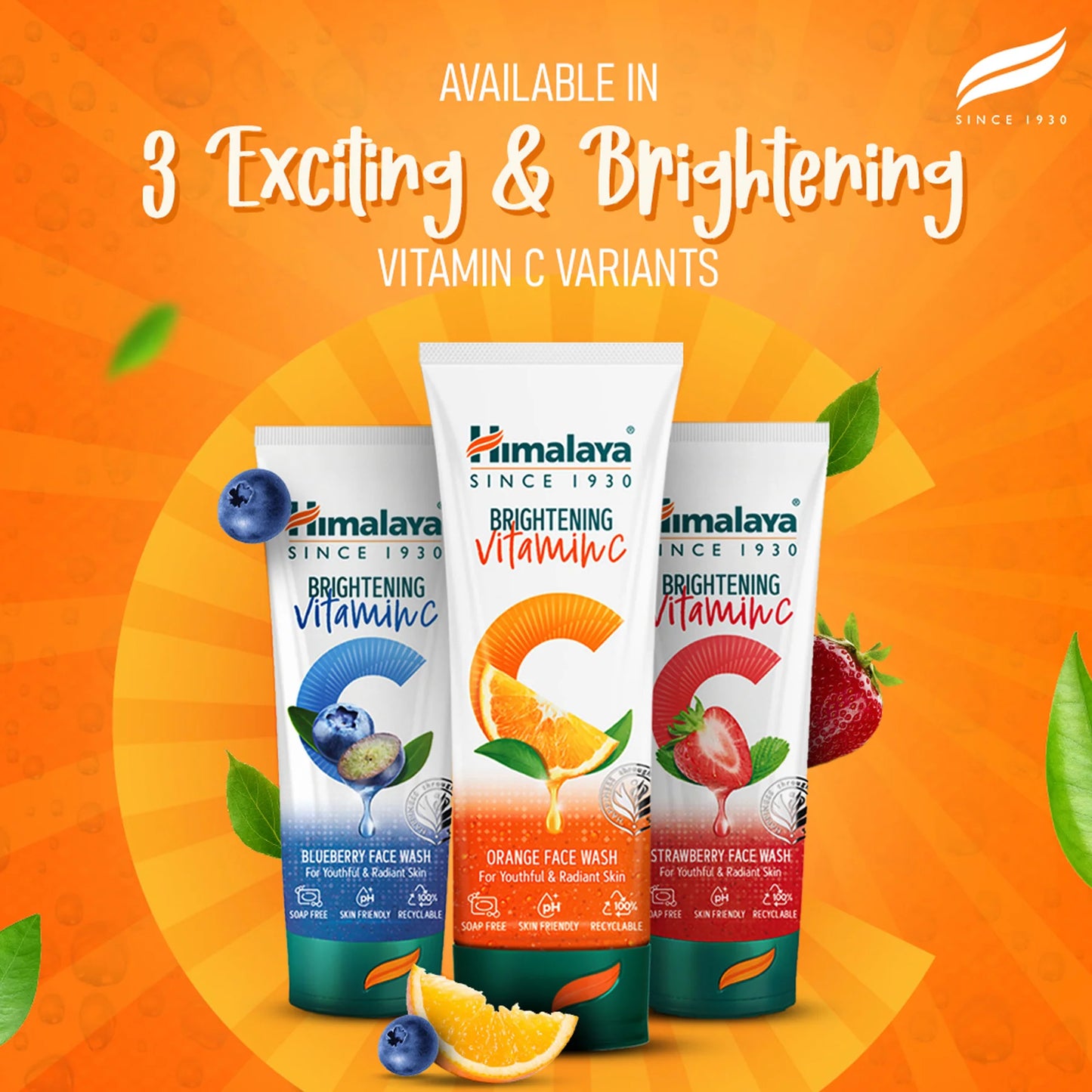 Himalaya Brightening Vitamin C face wash variants on an orange background