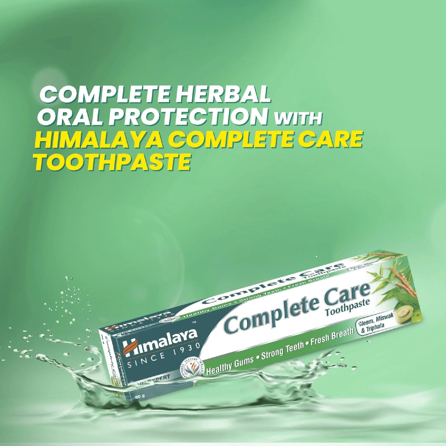 Himalaya Complete Care Toothpaste packaging with water splash on a green background
