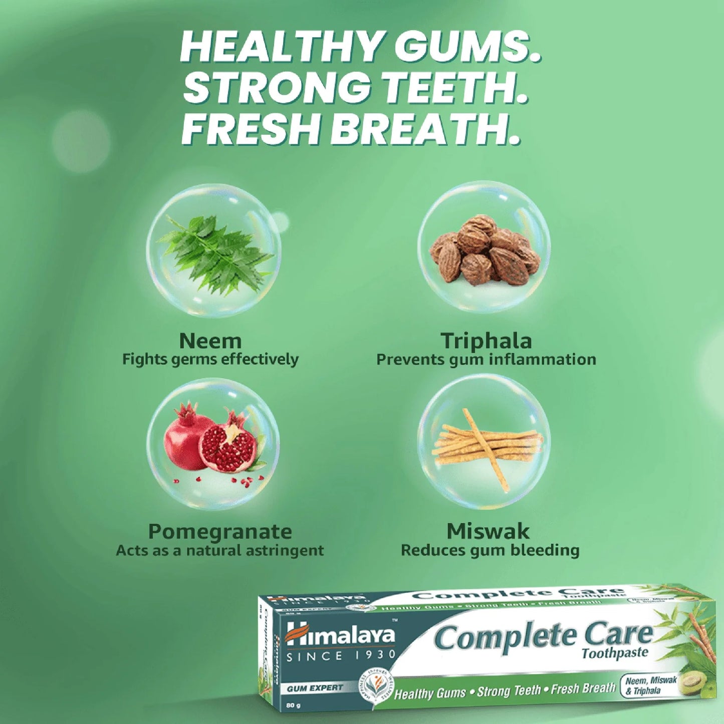 Himalaya Complete Care toothpaste packaging with ingredients on a green background