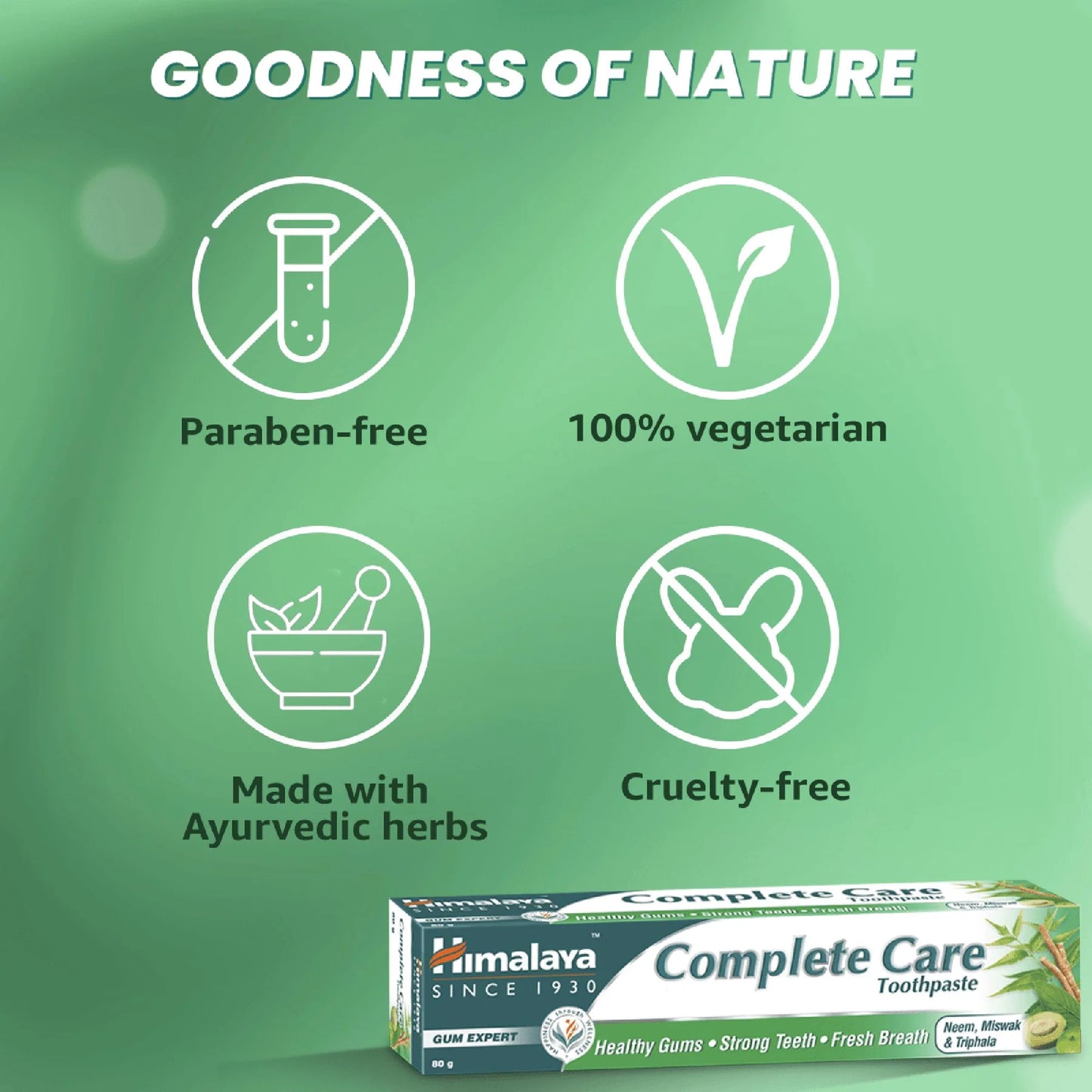 Himalaya Complete Care toothpaste packaging with green background and nature-themed icons.