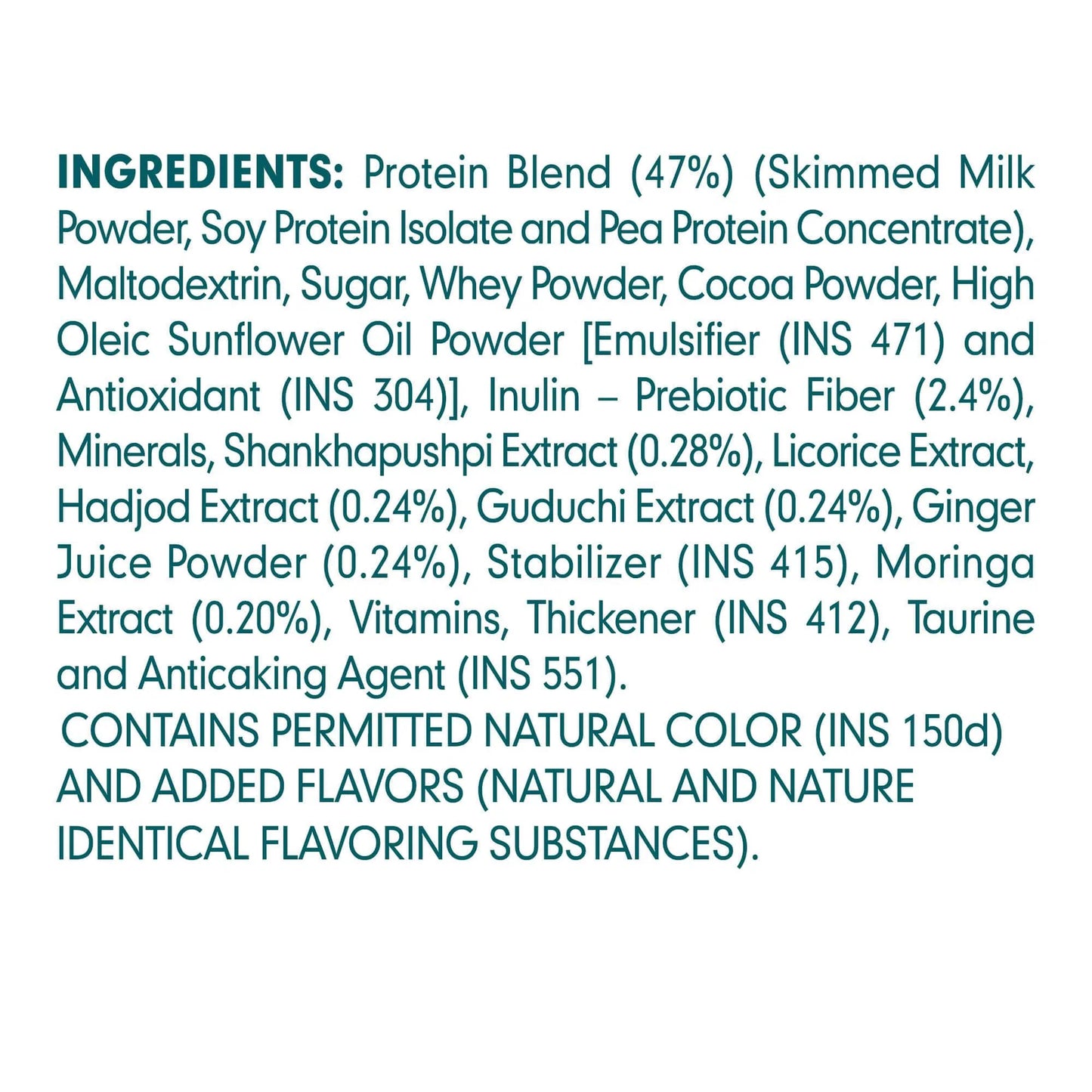 List of ingredients for a protein blend on a white background