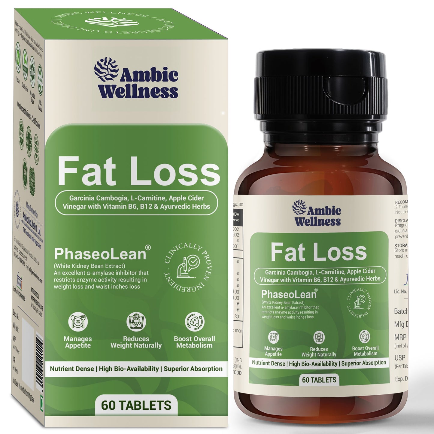 Ambic Wellness Fat Loss I Fat Burner Tablets with Clinically Proven PhaseoLean I Garcinia Cambogia, ACV with mother, L-Carnitine I Weight Loss Tablet 