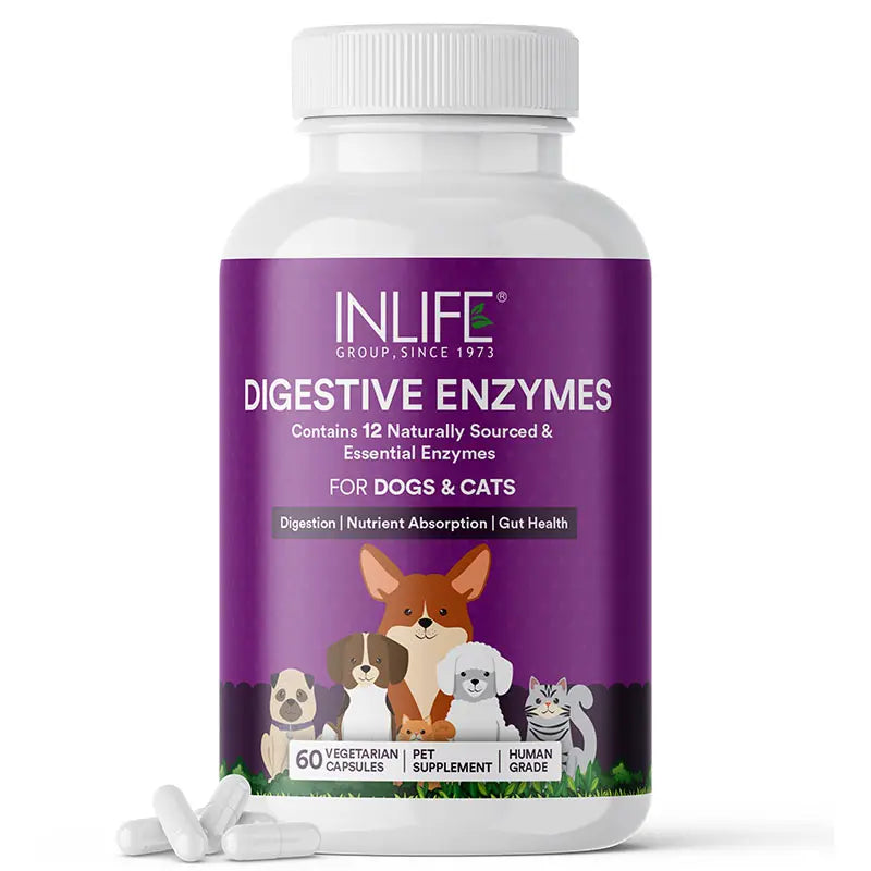 Inlife  Digestive Enzymes for Dogs Cats | 12 Naturally Sourced & Essential Enzymes | Veg. Capsules