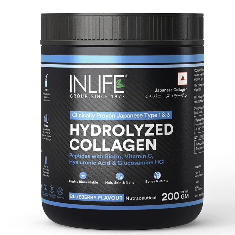 Inlife Hydrolyzed Japanese Collagen Peptides | with Biotin, Hyaluronic Acid & Glucosamine HCl | 200g Powder