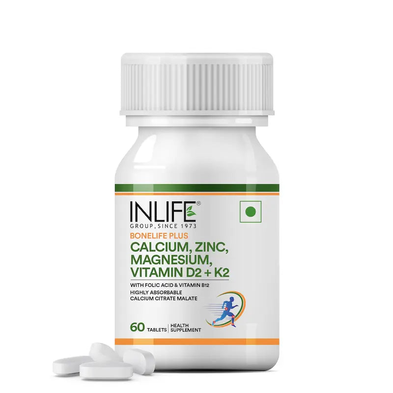 Inlife Bonelife Plus Formula | Calcium Citrate Malate, Magnesium, Zinc, Folic Acid, Vitamin D2, K2 & B12 | Supports Bone & Nutritional Health 60 Tablets