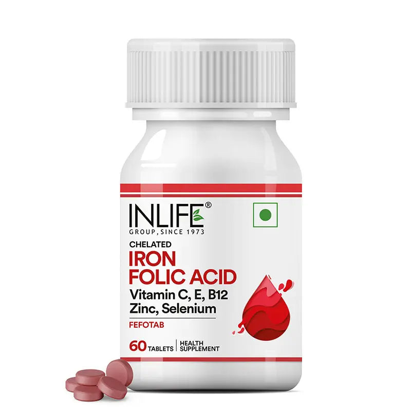 Inlife Chelated Iron Folic Acid Supplement with Vitamin C, E, B12, Zinc & Selenium 60 Tablets