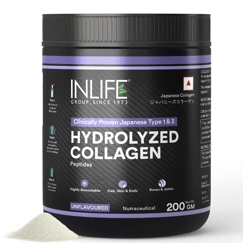 Inlife Hydrolyzed Japanese Collagen | Type 1 & 3 Collagen Peptides Powder | Clinically Proven Ingredient | 200g Unflavored powder