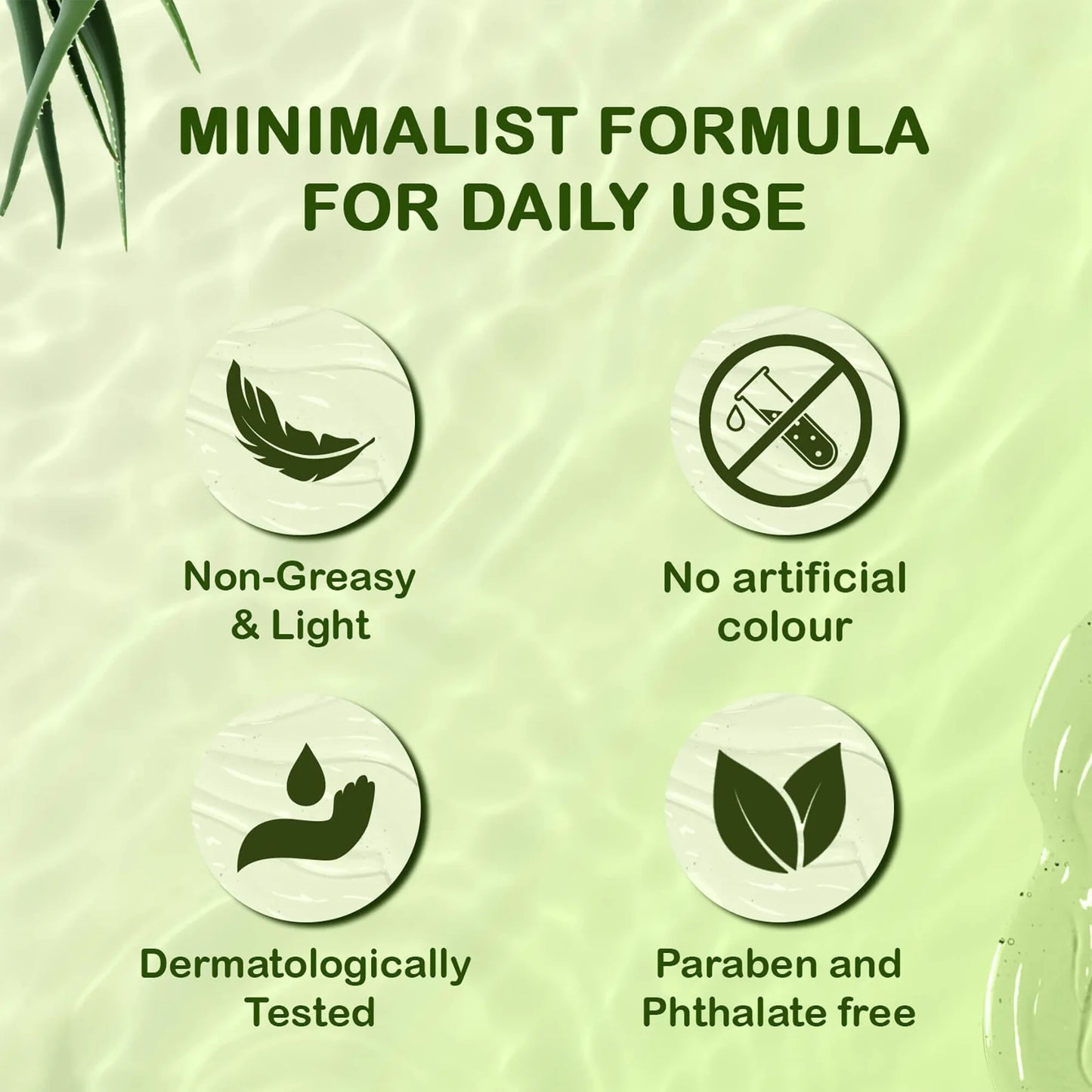 Product packaging with green background and text about a 'Minimalist Formula for Daily Use'.
