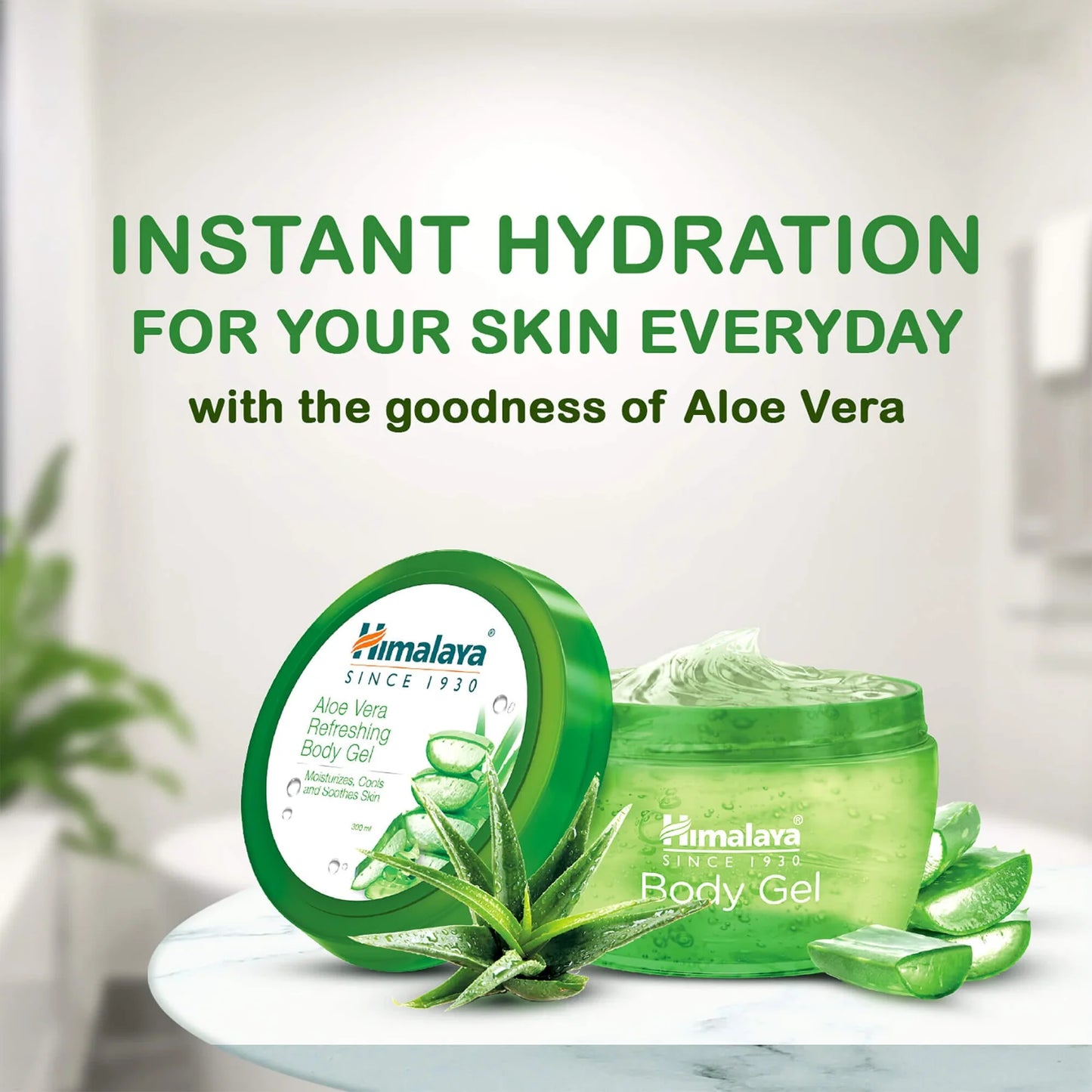 Himalaya Aloe Vera body gel with packaging on a white surface, featuring text about instant hydration.