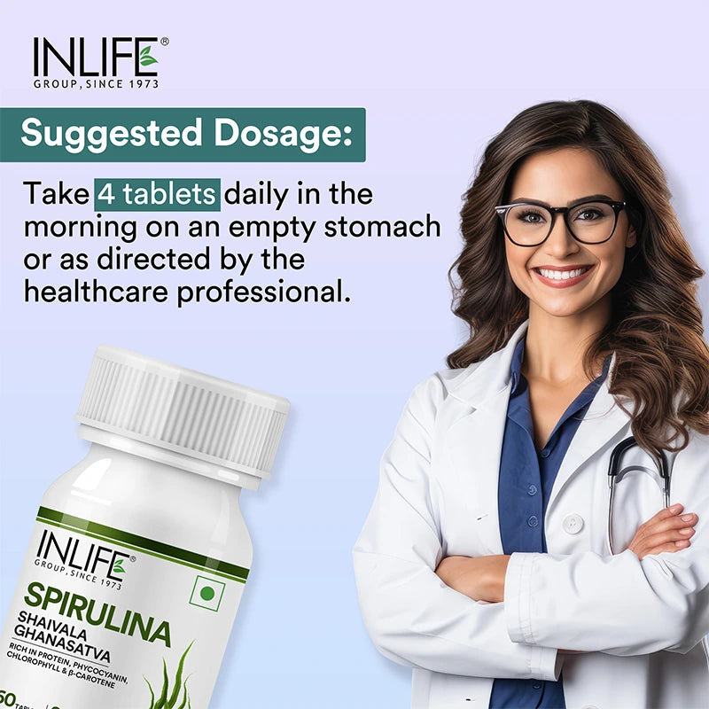 Inlife Spirulina | Organic Blue - Green Algae Superfood with Phycocyanin & Antioxidants | 500mg (60 Tablet)