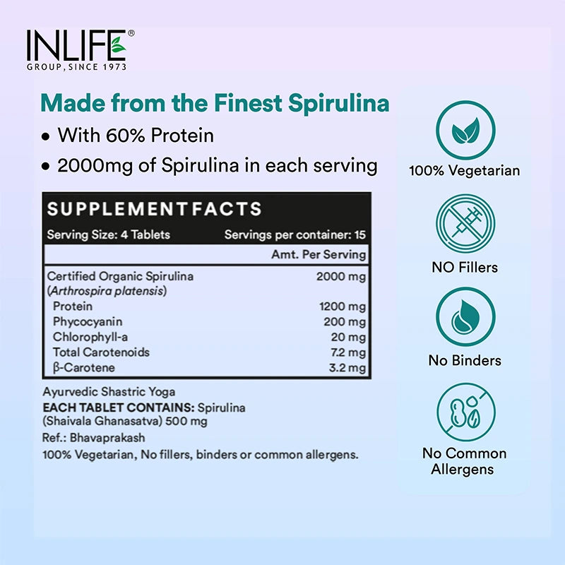 Inlife Spirulina | Organic Blue - Green Algae Superfood with Phycocyanin & Antioxidants | 500 mg - 3