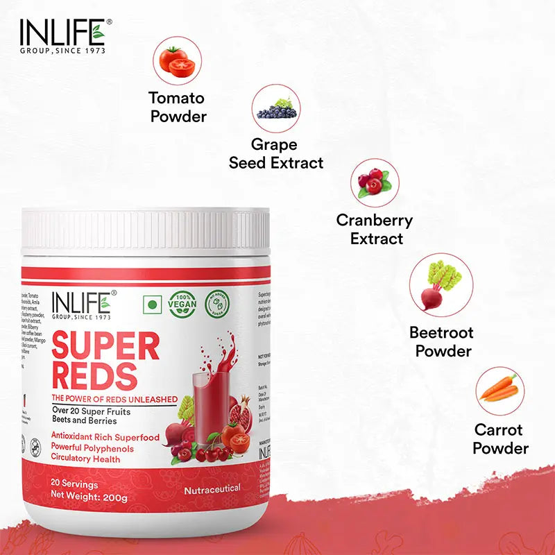 Super Reds Powder | Antioxidant-Rich 20 Superfoods, Fruits, Beets & Berries | 200gms - 8
