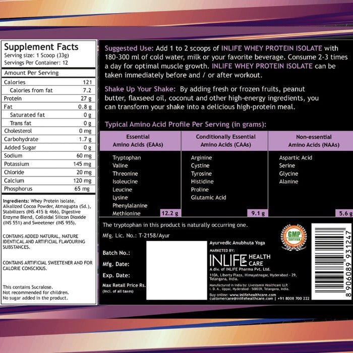 Inlife Pure Whey Protein Isolate Powder Supplement | Chocolate Flavor