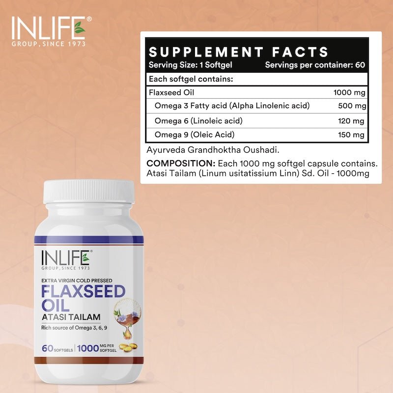 Inlife Flaxseed Oil Capsules Omega 3 6 9 Supplement | 1000mg | Softgels - 3