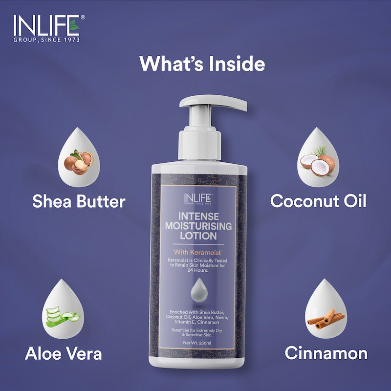 Inlife Intense Moisturizing Lotion | With Keramoist, Shea Butter, Coconut Oil, Aloe Vera, Neem, Vitamin E | 250ml