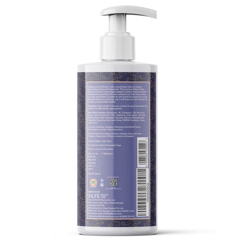 Inlife Intense Moisturizing Lotion | With Keramoist, Shea Butter, Coconut Oil, Aloe Vera, Neem, Vitamin E | 250ml