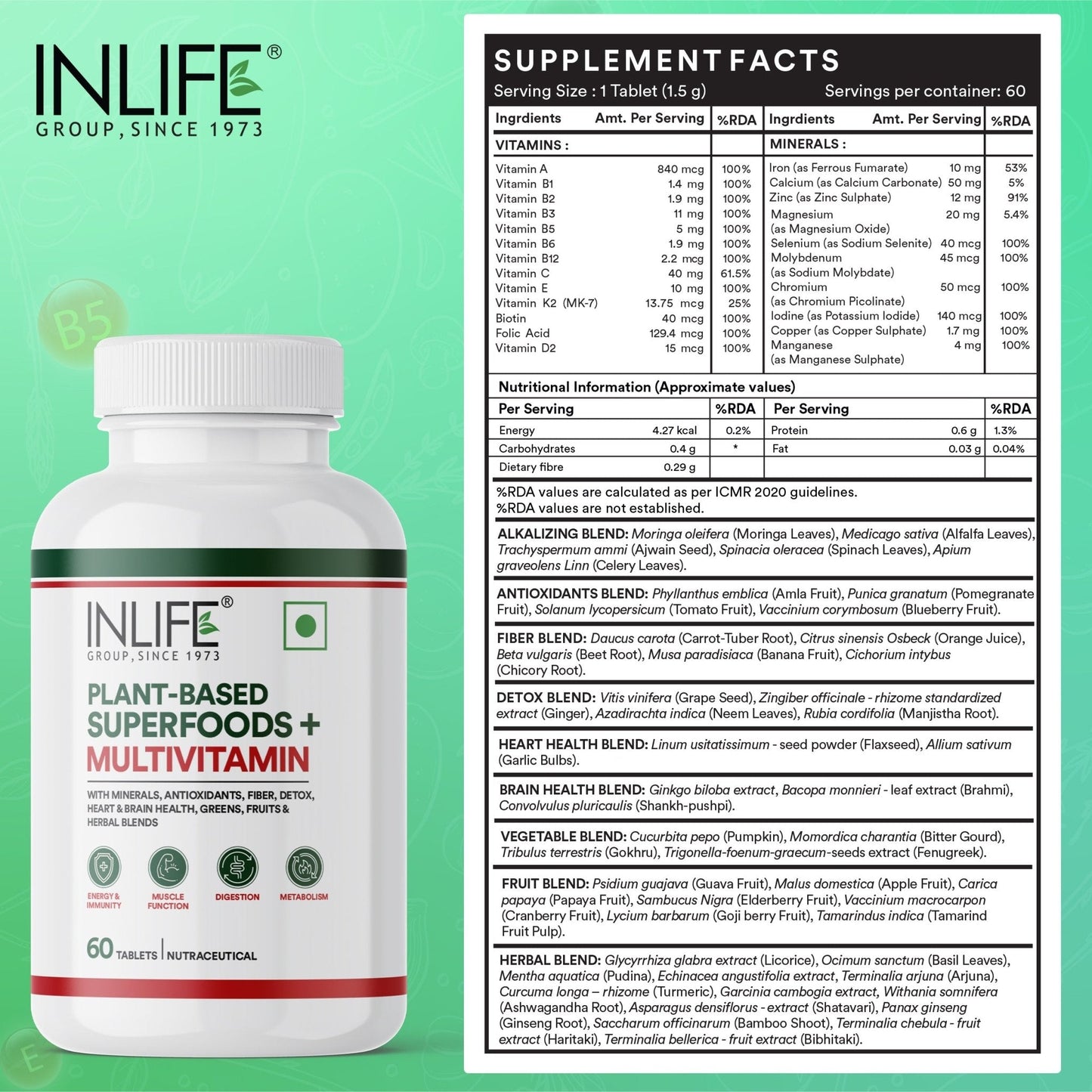 Inlife Plant Based Multivitamins for Men & Women: Superfood | Vegetarian Tablets - 3