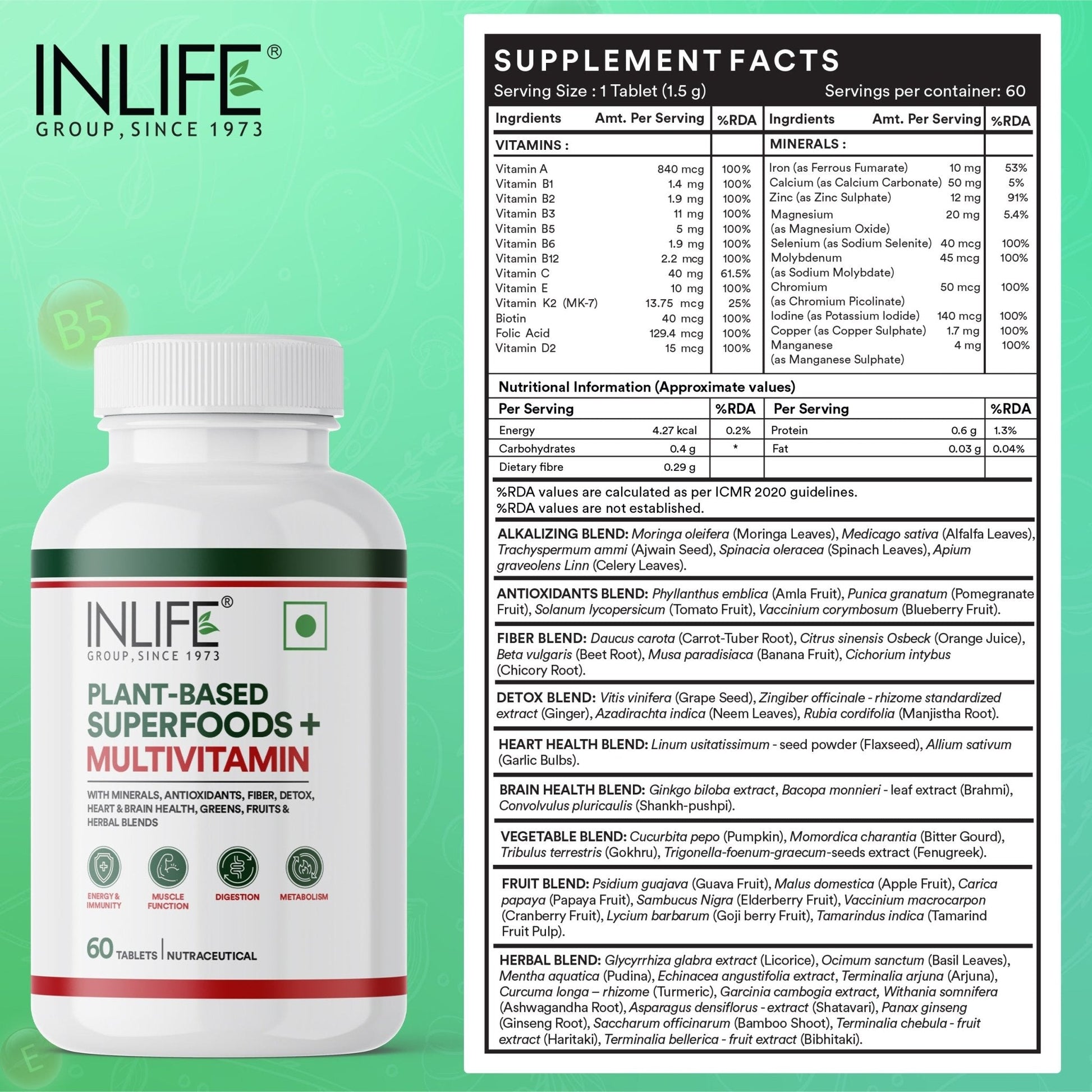 Inlife Plant Based Multivitamins for Men & Women: Superfood | 60 Vegetarian Tablets