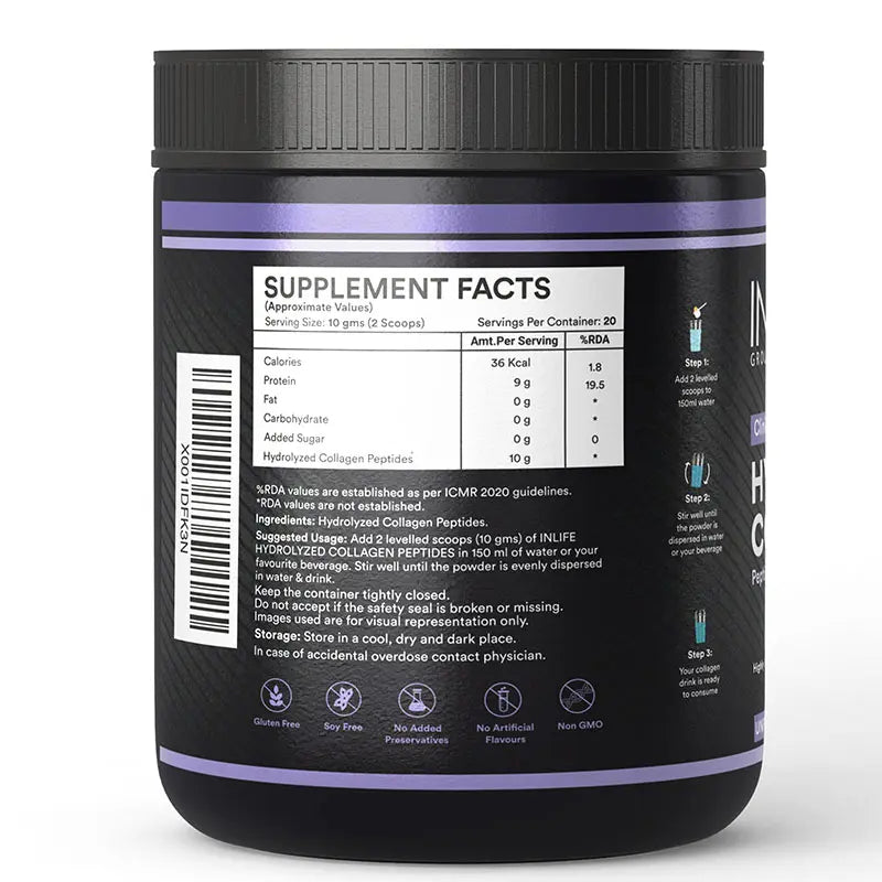 Inlife Hydrolyzed Japanese Collagen | Type 1 & 3 Collagen Peptides Powder | Clinically Proven Ingredient | 200g Unflavored powder - 9