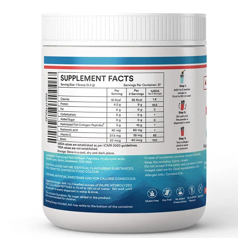Inlife Japanese Marine Fish Collagen Supplements for Women & Men | Clinically Proven Ingredient | 200g Powder