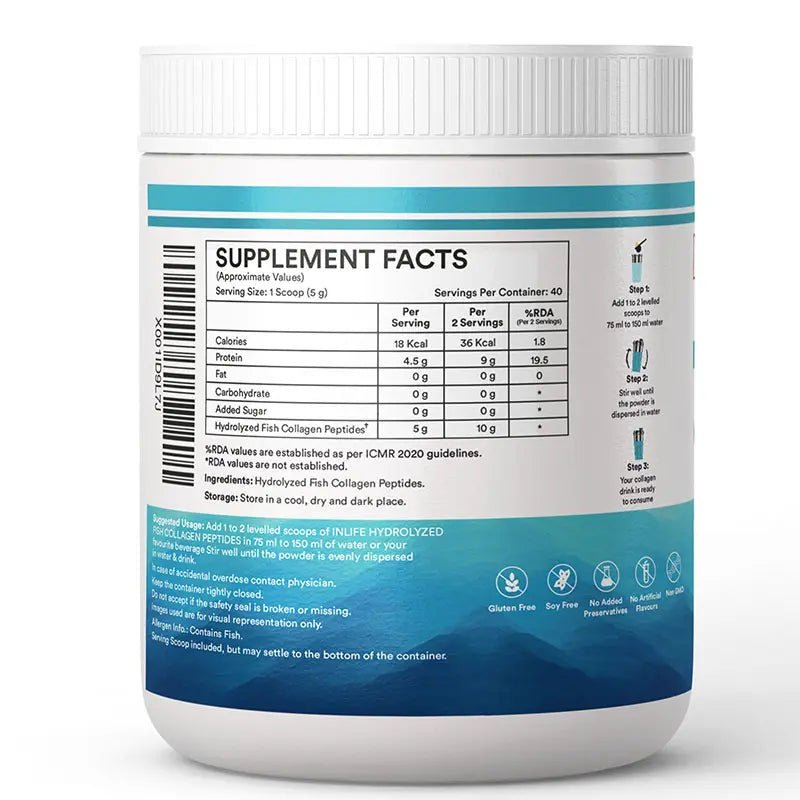Inlife  Hydrolyzed Japanese Marine Fish Collagen Peptides Powder | Clinically Proven Ingredient | 200g Unflavored - 9