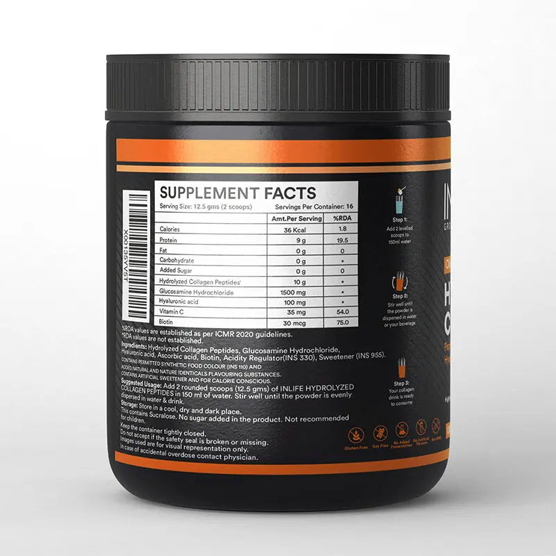 Inlife Hydrolyzed Japanese Collagen Peptides | with Biotin, Hyaluronic Acid & Glucosamine HCl | 200g Powder