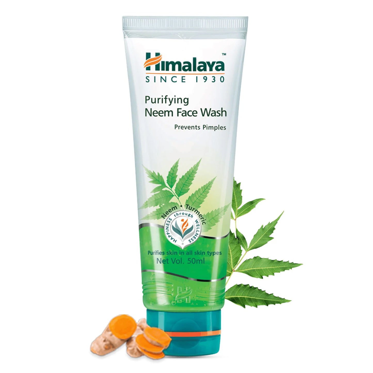 Himalaya Purifying Neem Face Wash tube with neem leaves and turmeric on a white background
