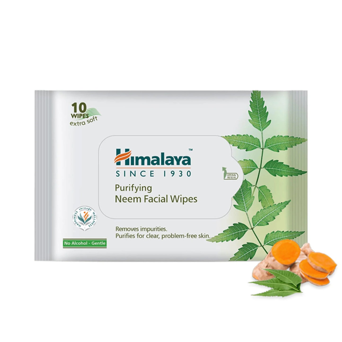 Himalaya Purifying Neem Facial Wipes packaging with green leaves and orange fruits on a white background